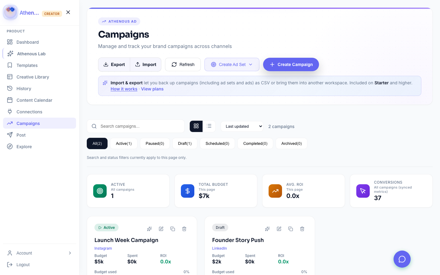 Campaigns screen with active and draft campaigns visible.