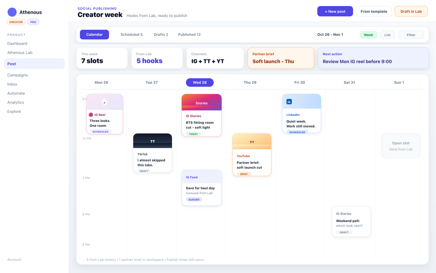 Creator week on Athenous Post — Instagram, TikTok, Stories, LinkedIn, and partner brief slots