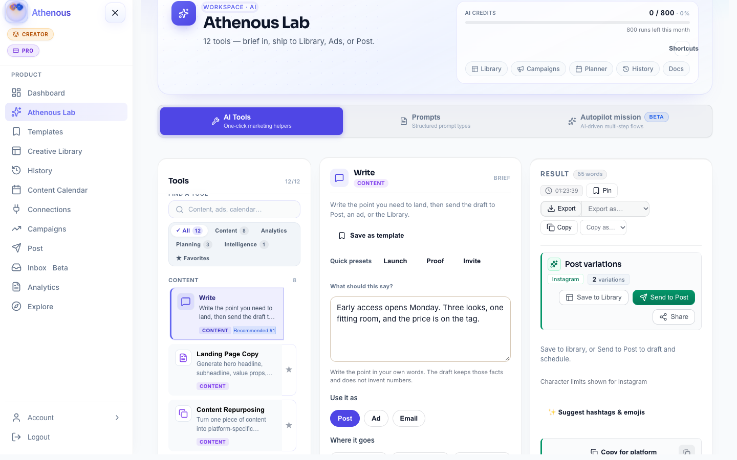 Athenous Lab Instagram Caption with hooks ready to send to Post