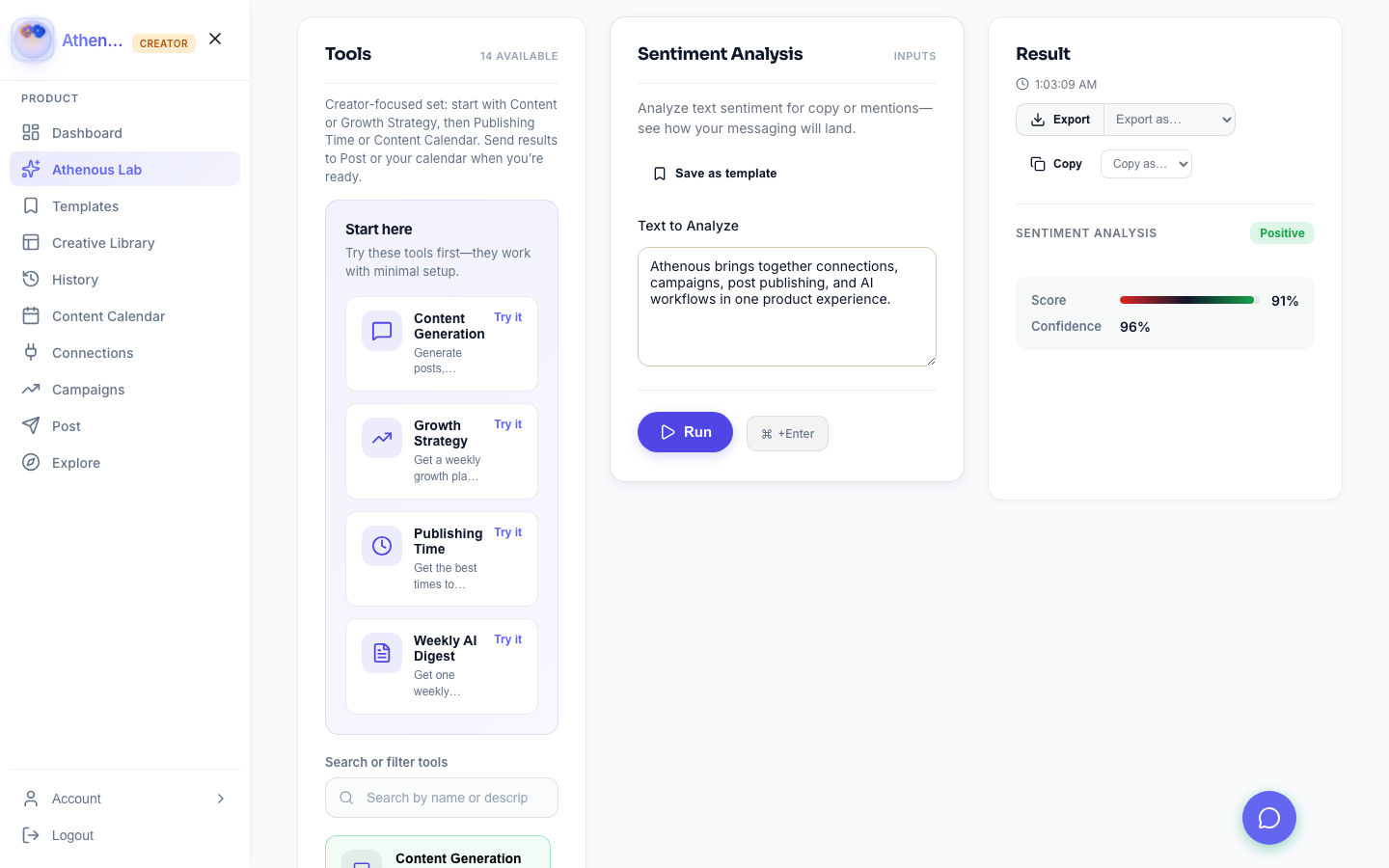 Athenous Lab showing the sentiment analysis workflow with input, tool list, and result panel.