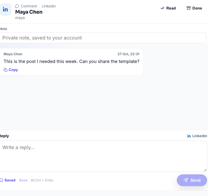 Athenous Social Inbox detail pane with reply composer