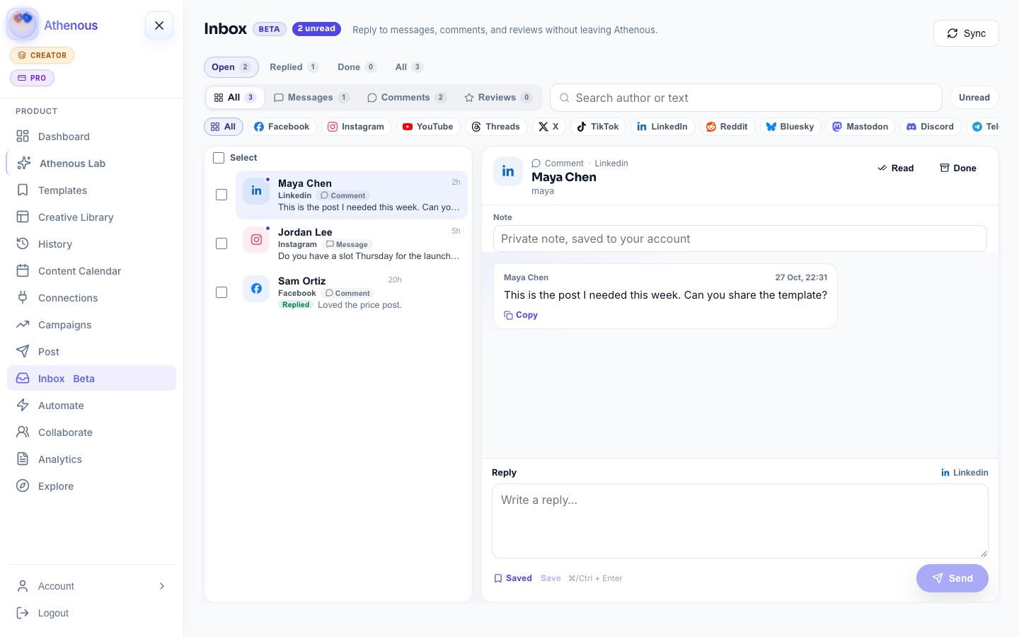 Athenous Social Inbox — messages, comments, and reviews in one workspace