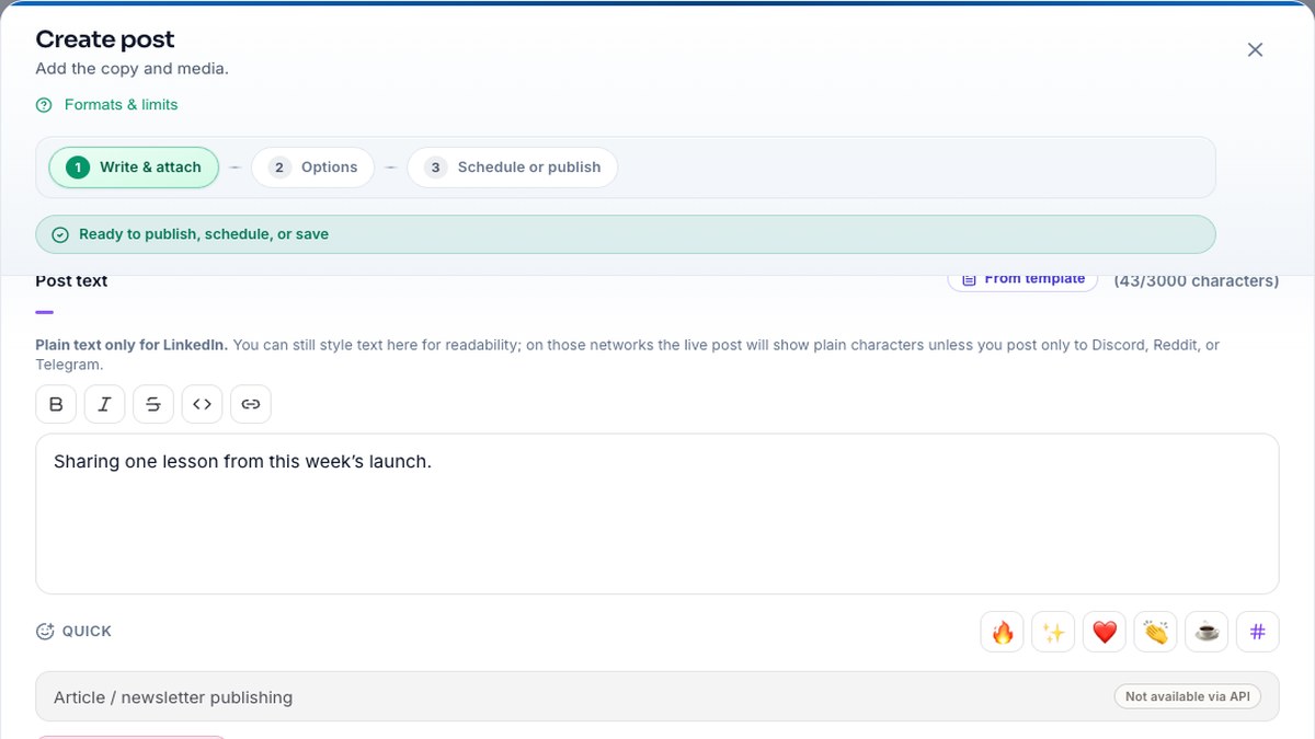 Athenous Post composer with LinkedIn selected for scheduling