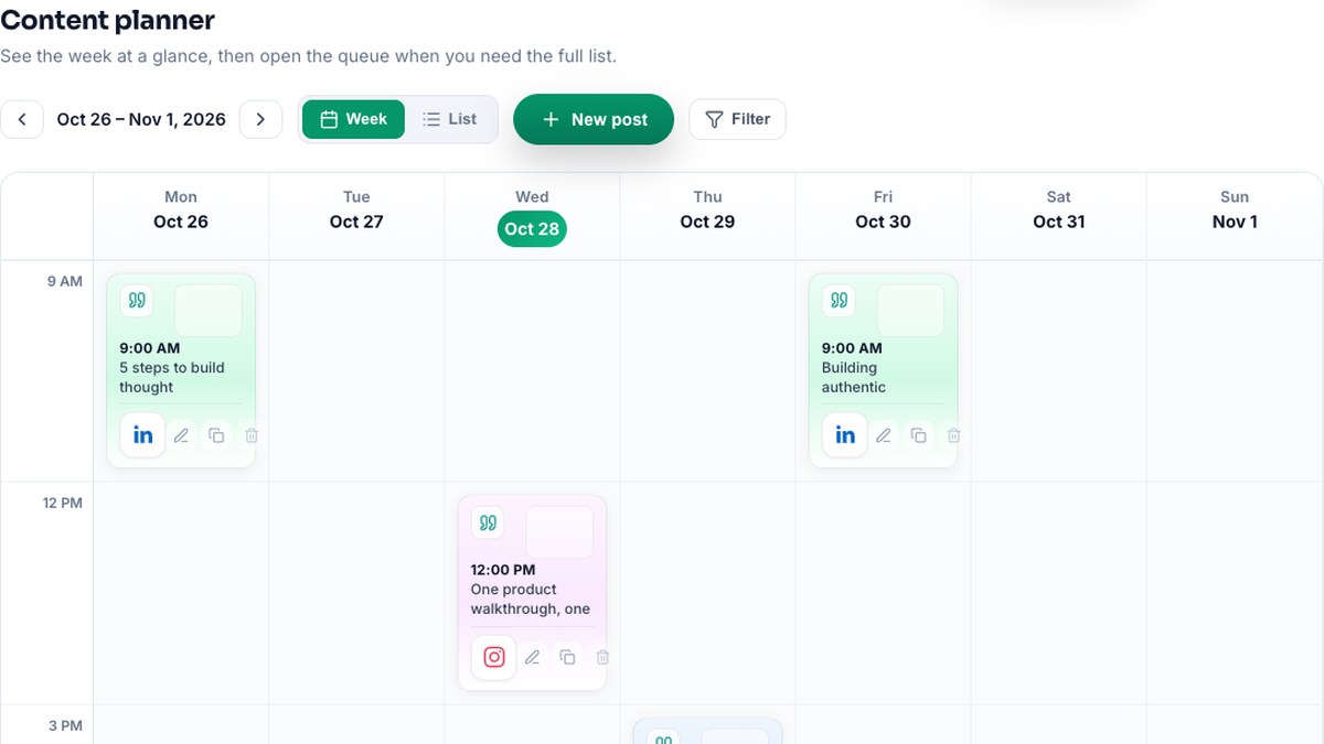 Athenous Post calendar with LinkedIn and Instagram scheduled in one week